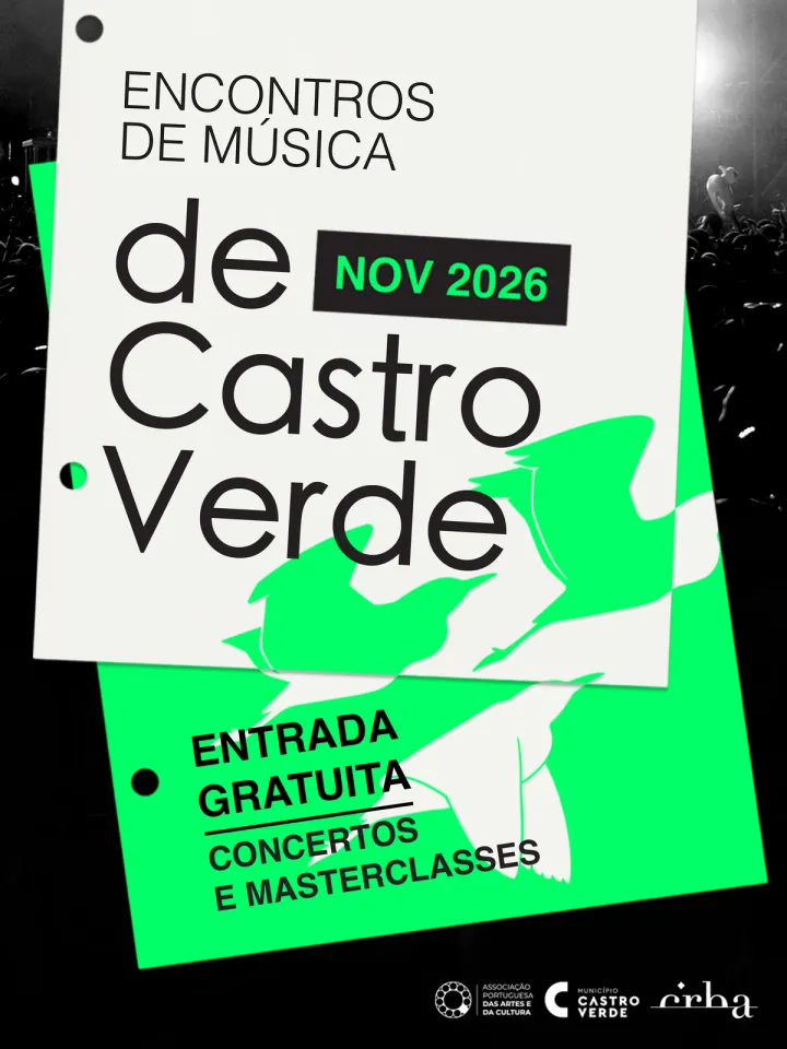 Cartaz dos Encontros de Música de Castro Verde, novembro de 2026, em branco, verde e preto, com aves em voo: entrada gratuita, concertos e masterclasses.