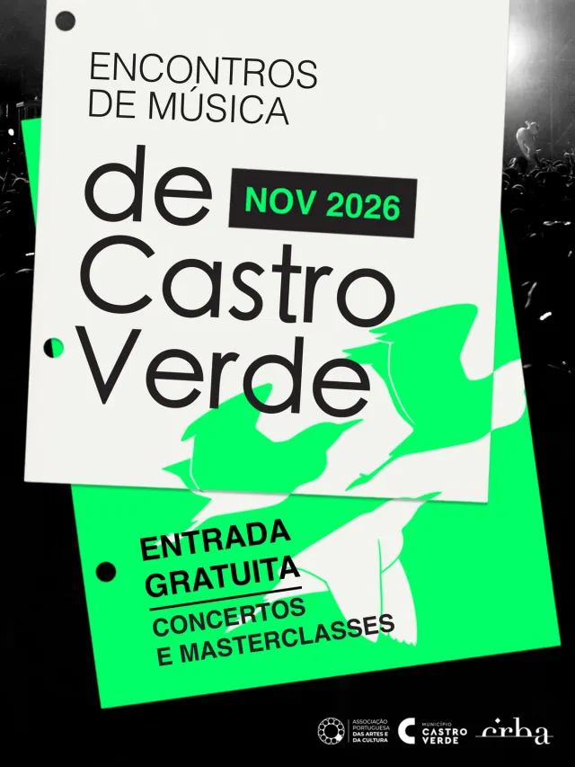 Cartaz dos Encontros de Música de Castro Verde, novembro de 2026, em branco, verde e preto, com aves em voo: entrada gratuita, concertos e masterclasses.